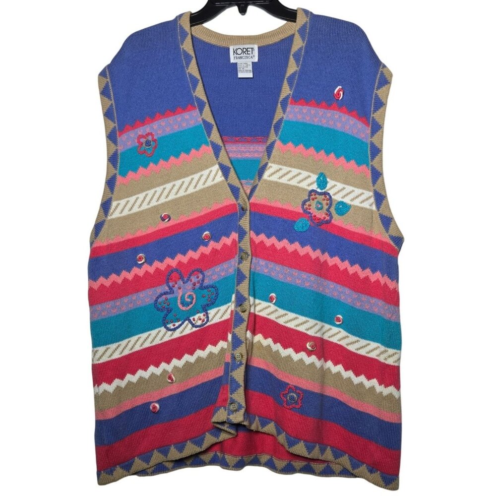 Koret Francisca Floral‎ Sweater Vest Plus 1X Grandma Cottage Vintage Retro 90s